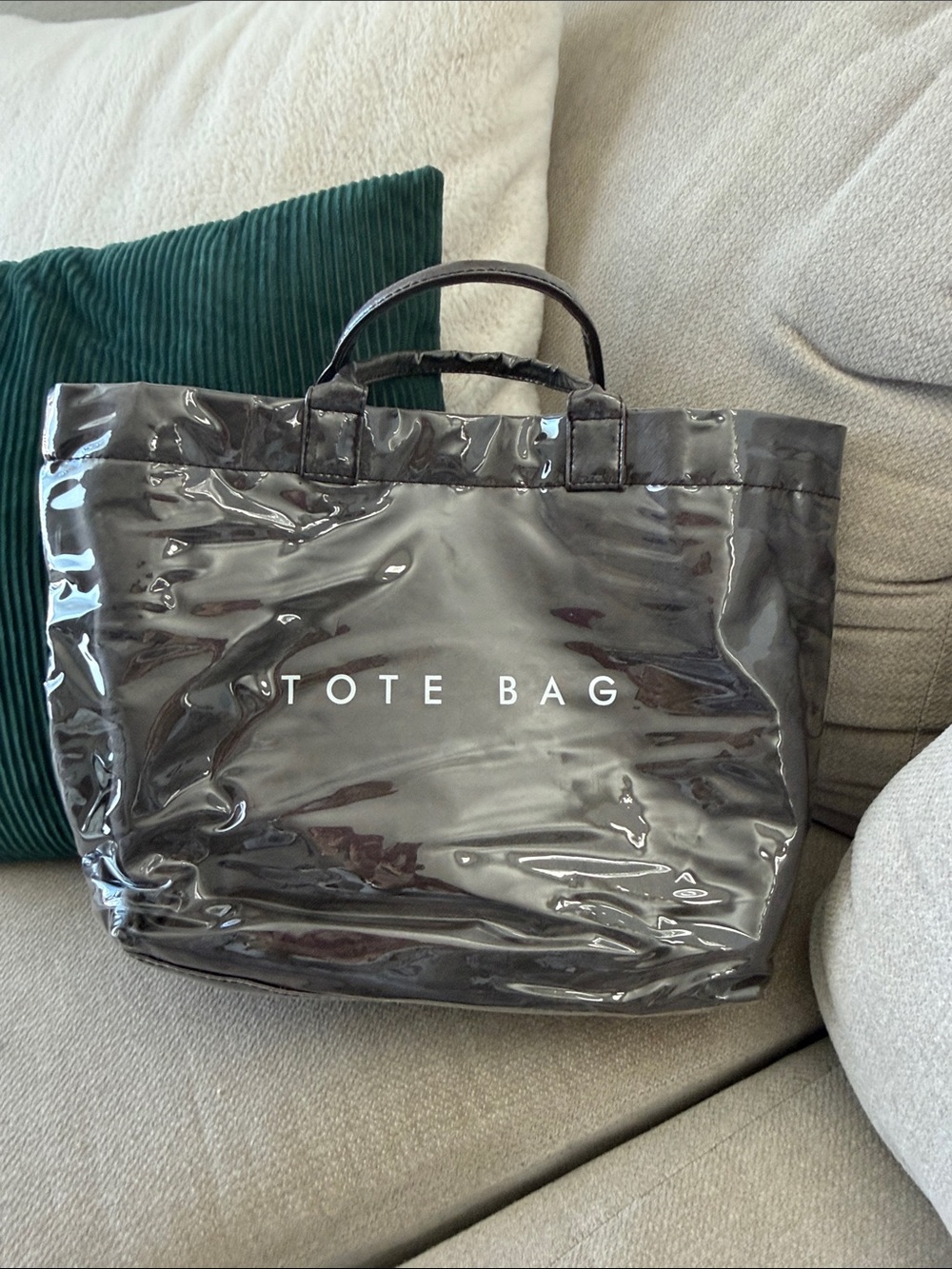 Brown Glossy Tote Bag with 'TOTE BAG' Print
